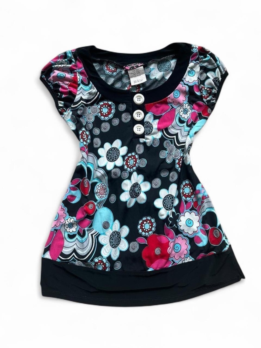 y2k Black Floral babydoll top with Pink & Teal Accents